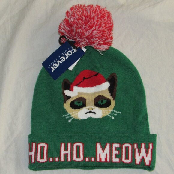 NWT Ho Ho Meow Grumpy Kitty Cat Grouchy Pom Pom Holiday Christmas Beanie Hat - Picture 1 of 3